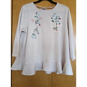Laura Conrad Floral Embroidered Peplum Tie Back Knit Top Oatmeal  3/4 Sleeve L